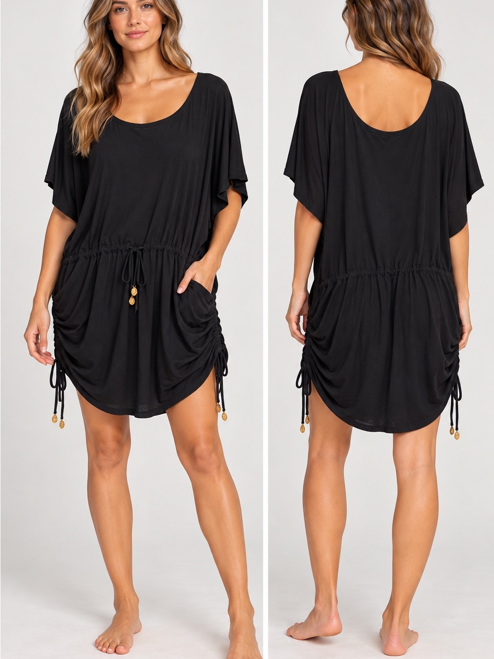 Black Drawstring Mini Cover-Up Dress